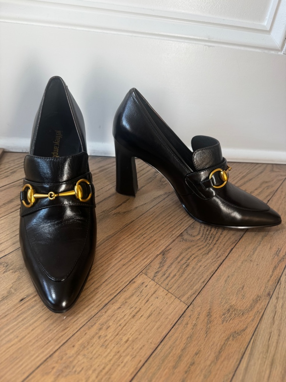 Jeffrey Campbell Black Leather Pointed Toe Heels with Gold horse Bit 6 classic